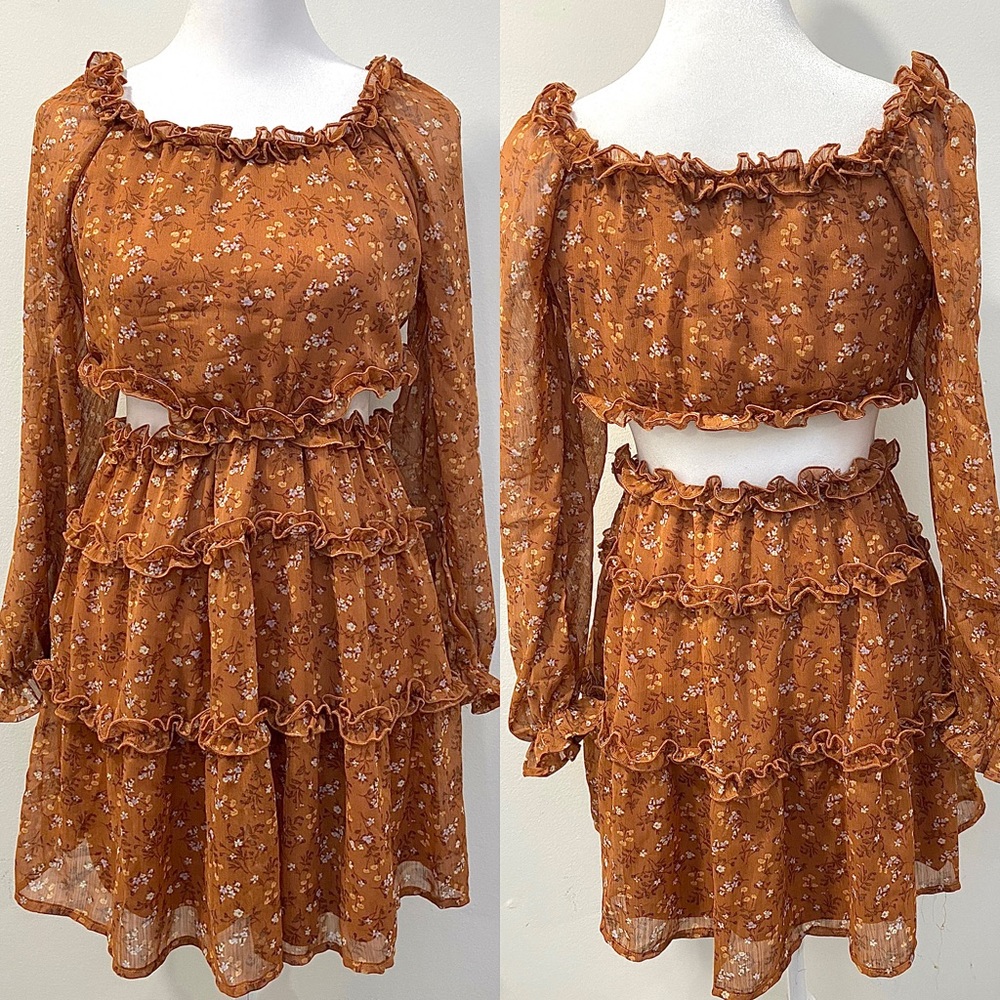dress fit flare new floral rust